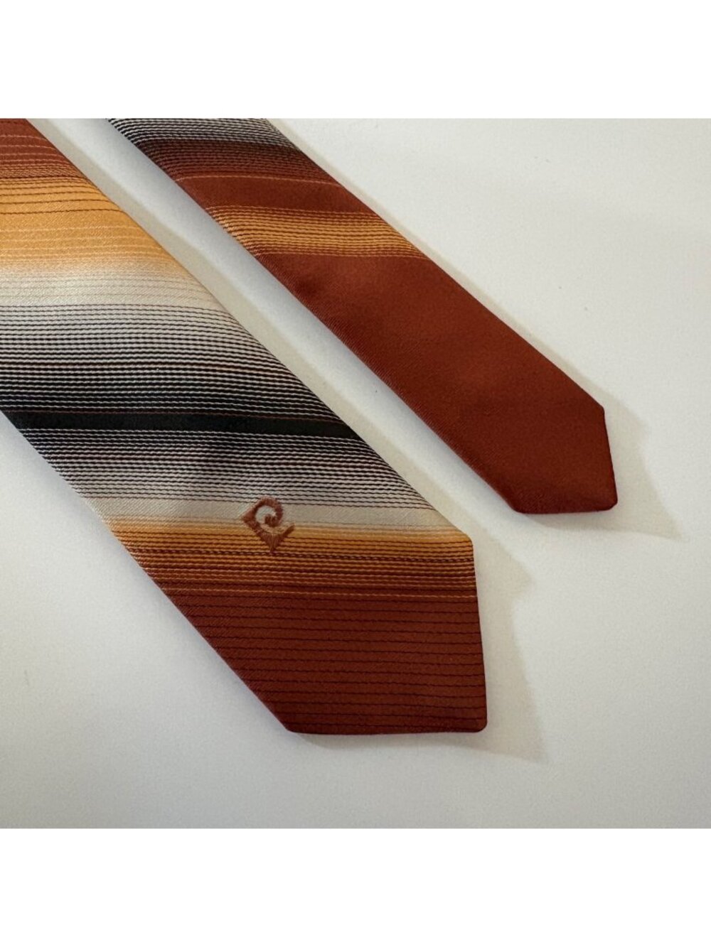 Pierre Cardin Striped Polyester Tie Rust Brown Skinny Mens Necktie VTG Office